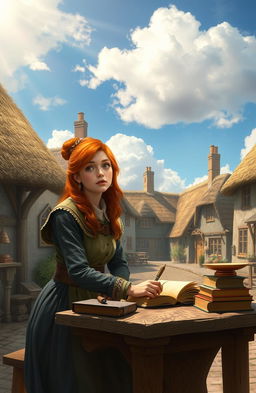 A realistic fantasy scene set in a quaint small village in England, featuring a young red-haired woman who is a skilled bookbinder