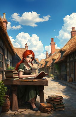 A realistic fantasy scene set in a quaint small village in England, featuring a young red-haired woman who is a skilled bookbinder