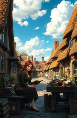 A realistic fantasy scene set in a quaint small village in England, featuring a young red-haired woman who is a skilled bookbinder