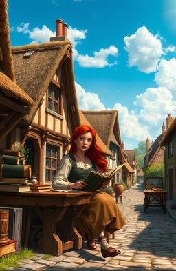 A realistic fantasy scene set in a quaint small village in England, featuring a young red-haired woman who is a skilled bookbinder