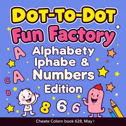 Create a vibrant and engaging activity and coloring book cover for 'Dot-to-Dot Fun Factory: Alphabet & Numbers Edition'