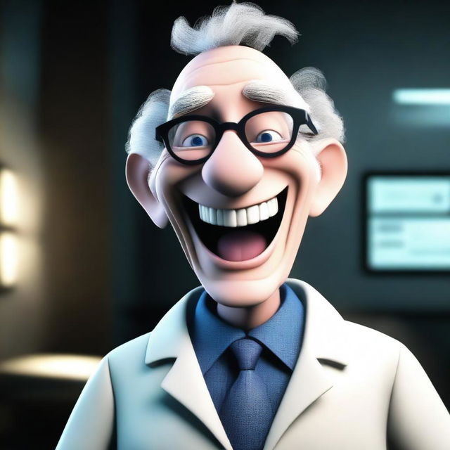 A 3D animated image depicting a sinister professor laughing in a dark laboratory