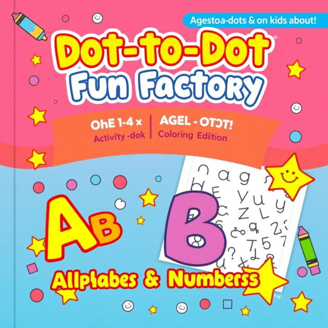 Create a vibrant and engaging activity and coloring book cover for 'Dot-to-Dot Fun Factory: Alphabet & Numbers Edition'