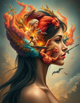 An enchanting and imaginative depiction of a 'war of gods' set within the mind of a beautiful woman