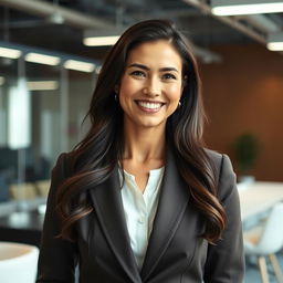 A beautiful American woman aged between 35 to 40 years with long dark hair, standing upright in a full-body view