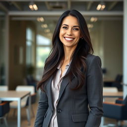 A beautiful American woman aged between 35 to 40 years with long dark hair, standing upright in a full-body view