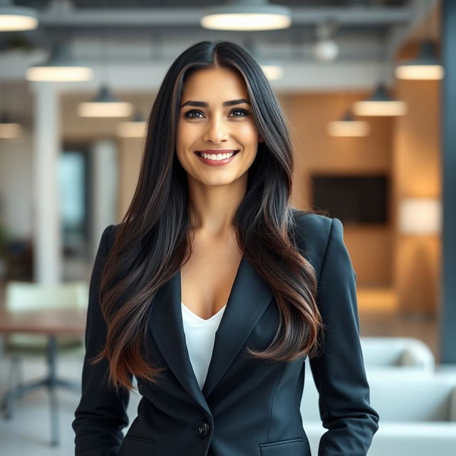 A beautiful American woman aged between 35 to 40 years with long dark hair, standing upright in a full-body view