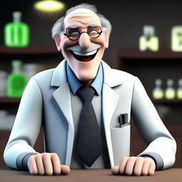 A 3D animated image depicting a sinister professor laughing in a dark laboratory