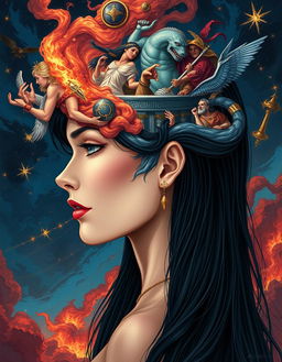 A mesmerizing and dramatic depiction of a 'war of gods' set within the mind of a beautiful woman with dark hair