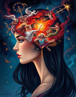 A mesmerizing and dramatic depiction of a 'war of gods' set within the mind of a beautiful woman with dark hair