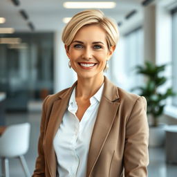 A beautiful American woman aged between 35 to 40 years with short blonde hair, standing upright in a full-body view