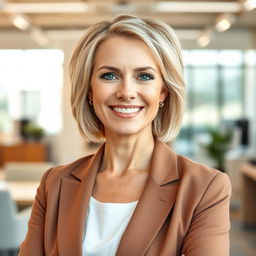A beautiful American woman aged between 35 to 40 years with short blonde hair, standing upright in a full-body view