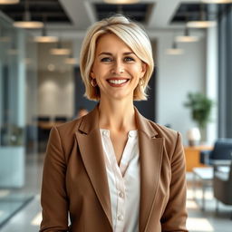 A beautiful American woman aged between 35 to 40 years with short blonde hair, standing upright in a full-body view