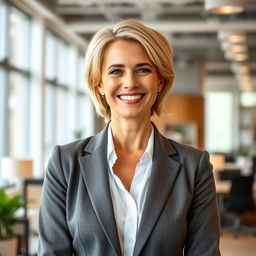 A beautiful American woman aged between 35 to 40 years with short blonde hair, standing upright in a full-body view