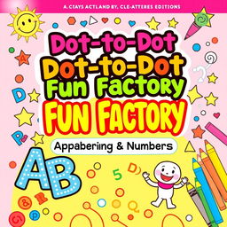 Create a vibrant and engaging activity and coloring book cover for 'Dot-to-Dot Fun Factory: Alphabet & Numbers Edition'