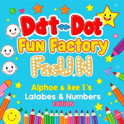 Create a vibrant and engaging activity and coloring book cover for 'Dot-to-Dot Fun Factory: Alphabet & Numbers Edition'