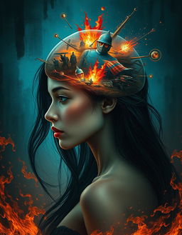 An evocative and surreal image showcasing a 'war' taking place inside the mind of a beautiful woman with dark hair