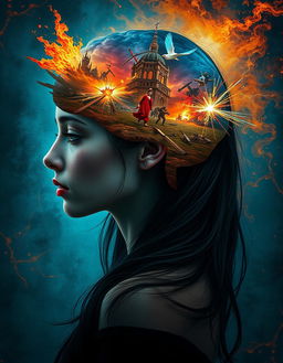 An evocative and surreal image showcasing a 'war' taking place inside the mind of a beautiful woman with dark hair