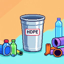 A pixel art representation of a high-density polyethylene (HDPE) container, showcasing its distinct features such as a subtle shine and smooth surface texture