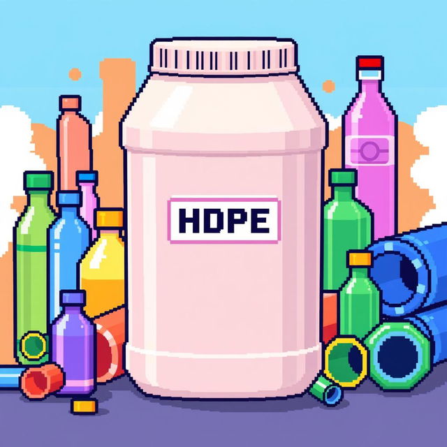 A pixel art representation of a high-density polyethylene (HDPE) container, showcasing its distinct features such as a subtle shine and smooth surface texture