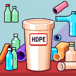 A pixel art representation of a high-density polyethylene (HDPE) container, showcasing its distinct features such as a subtle shine and smooth surface texture