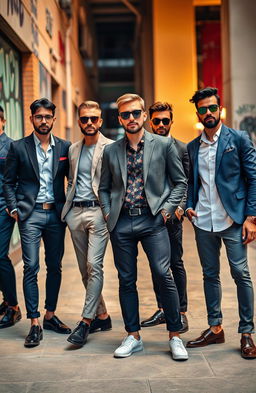 A stylish men's fashion scene showcasing a diverse group of men dressed in fashionable clothing
