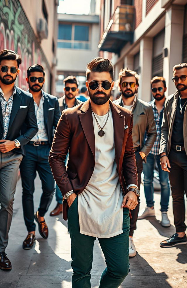 A stylish men's fashion scene showcasing a diverse group of men dressed in fashionable clothing