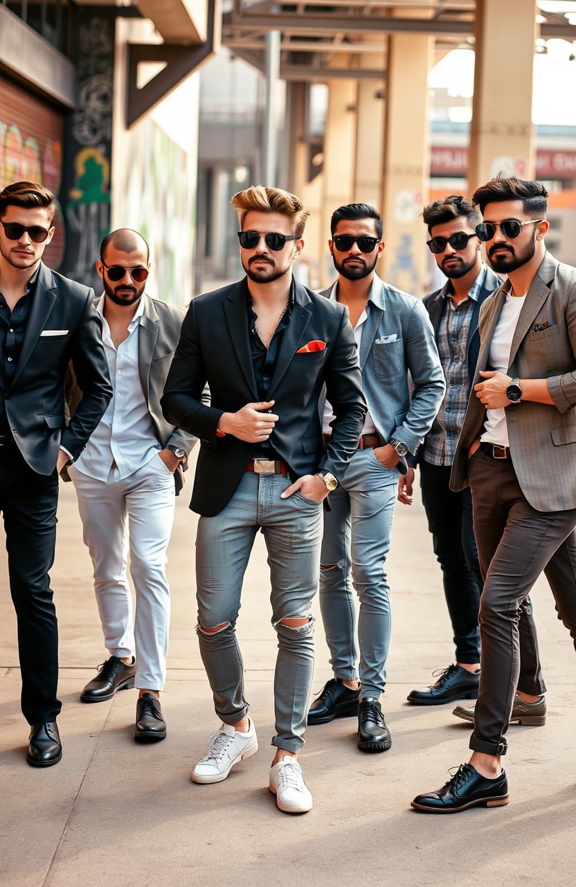 A stylish men's fashion scene showcasing a diverse group of men dressed in fashionable clothing