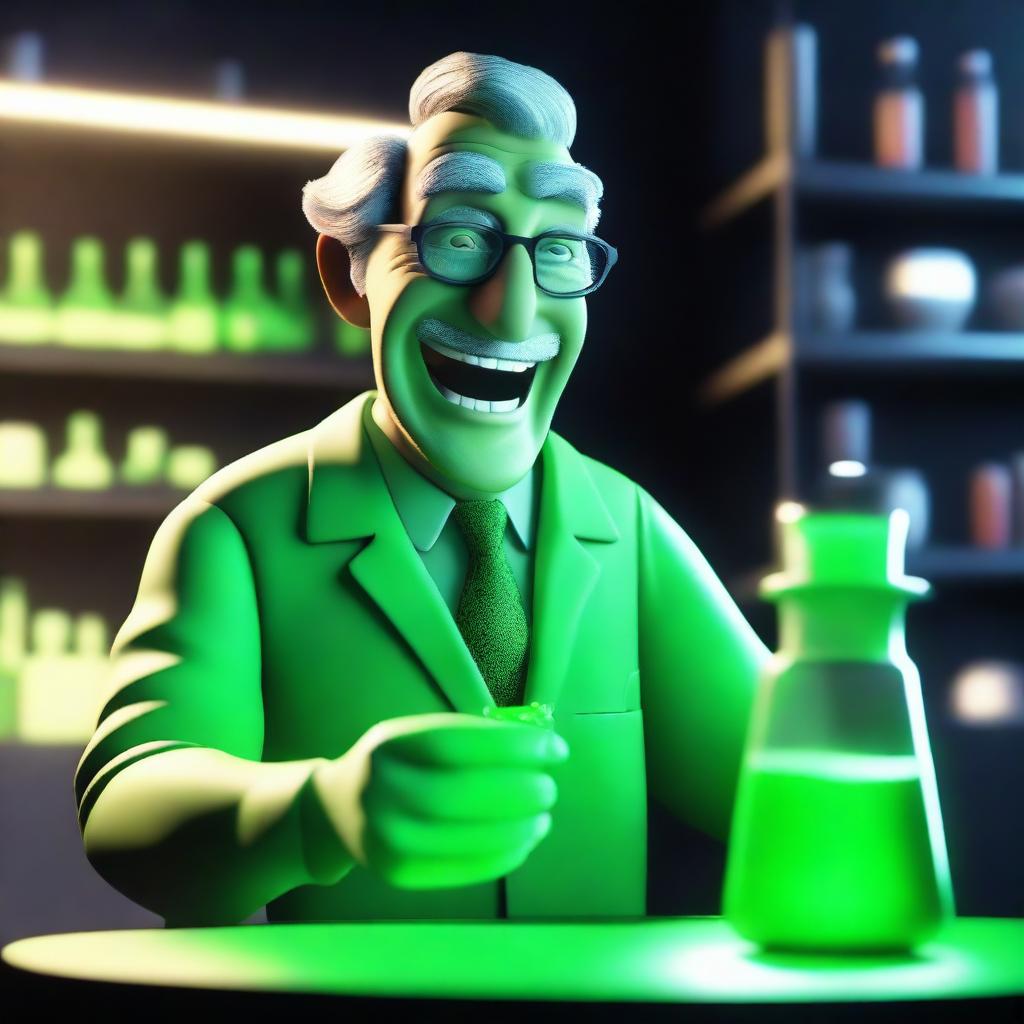 A 3D animated image depicting a sinister professor laughing while holding a glowing green liquid in a dark laboratory