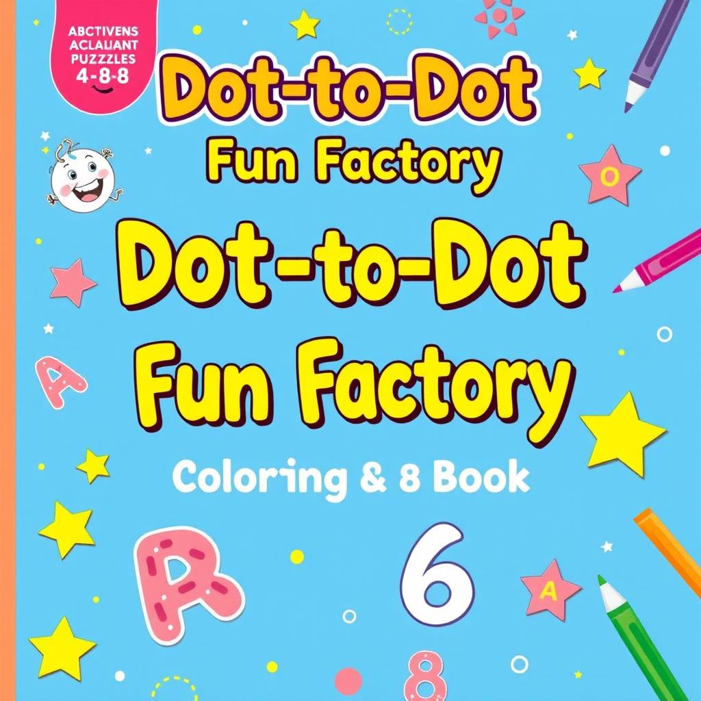 Create a vibrant and engaging activity and coloring book cover for 'Dot-to-Dot Fun Factory: Alphabet & Numbers Edition'