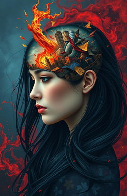 A stunning and thought-provoking image illustrating the concept of 'war' within the brain of a beautiful woman with dark hair