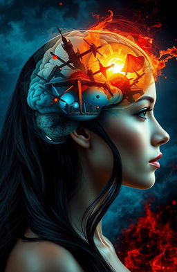 A stunning and thought-provoking image illustrating the concept of 'war' within the brain of a beautiful woman with dark hair