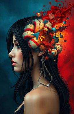 A stunning and thought-provoking image illustrating the concept of 'war' within the brain of a beautiful woman with dark hair