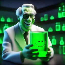 A 3D animated image depicting a sinister professor laughing while holding a glowing green liquid in a dark laboratory