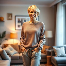A beautiful Russian woman aged between 35 to 40 years with short blonde hair, standing upright in a full-body view