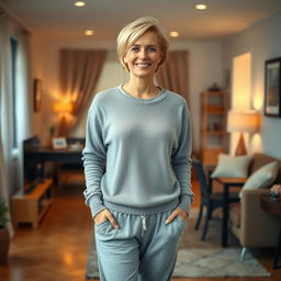 A beautiful Russian woman aged between 35 to 40 years with short blonde hair, standing upright in a full-body view