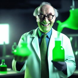 A 3D animated image depicting a sinister professor laughing while holding a glowing green liquid in a dark laboratory