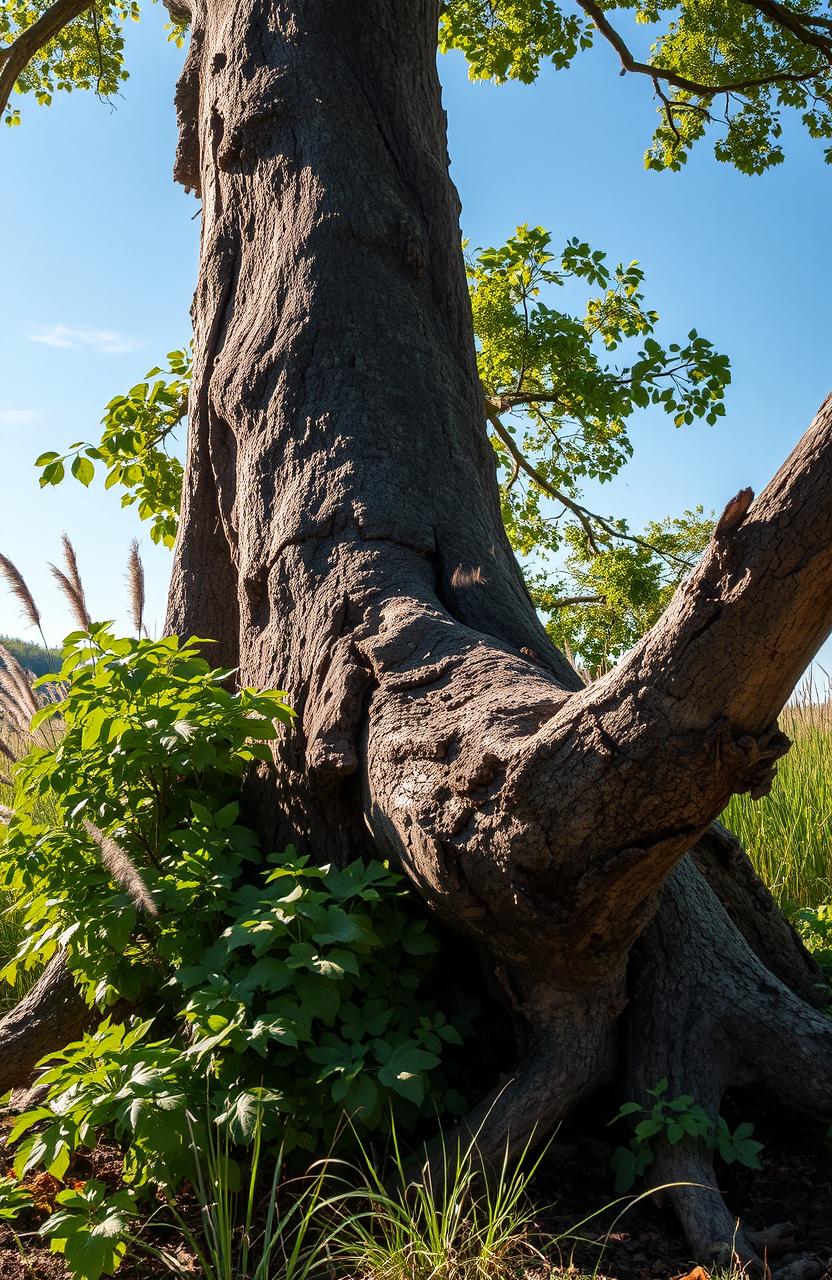 A dramatic scene depicting a large, majestic tree in the process of falling