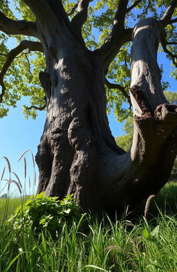 A dramatic scene depicting a large, majestic tree in the process of falling