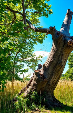 A dramatic scene depicting a large, majestic tree in the process of falling