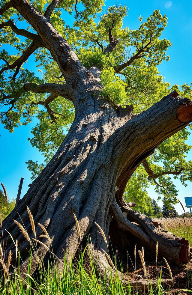 A dramatic scene depicting a large, majestic tree in the process of falling