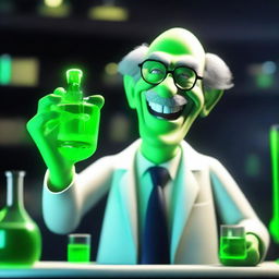 A 3D animated image depicting a sinister professor laughing while holding a glowing green liquid in a dark laboratory