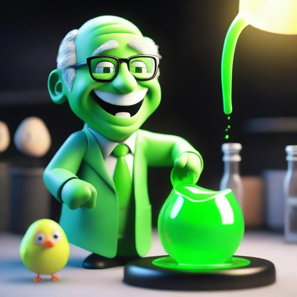 A 3D animated image depicting a sinister professor laughing while pouring a glowing green liquid onto a small chick in a dark laboratory