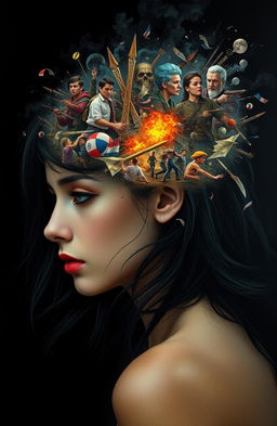 An intense and captivating image illustrating the concept of 'war' within the brain of a beautiful woman with dark hair, surrounded by an atmosphere of darkness