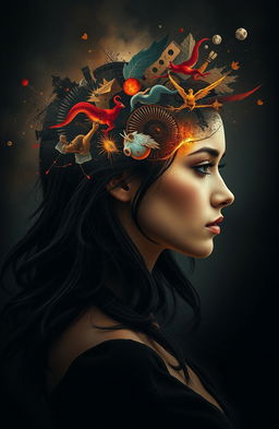 An intense and captivating image illustrating the concept of 'war' within the brain of a beautiful woman with dark hair, surrounded by an atmosphere of darkness