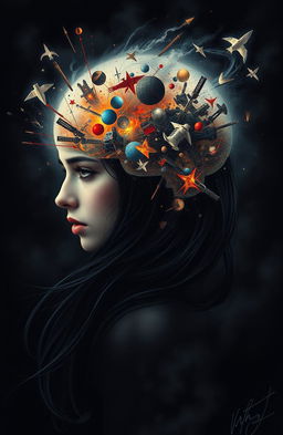 An intense and captivating image illustrating the concept of 'war' within the brain of a beautiful woman with dark hair, surrounded by an atmosphere of darkness