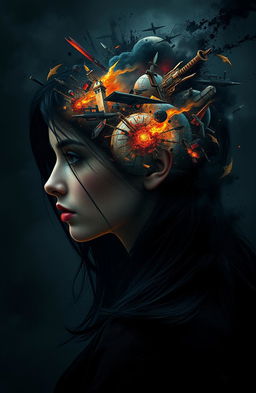 An intense and captivating image illustrating the concept of 'war' within the brain of a beautiful woman with dark hair, surrounded by an atmosphere of darkness