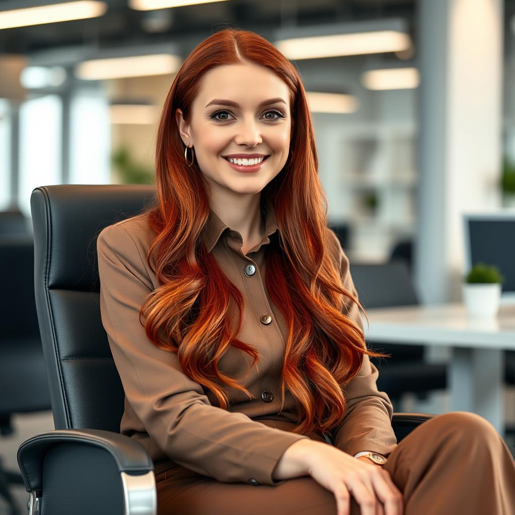 A beautiful Russian woman aged between 35 to 40 years with long red hair, sitting comfortably in an office chair