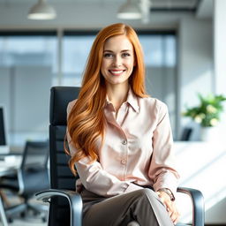 A beautiful Russian woman aged between 35 to 40 years with long red hair, sitting comfortably in an office chair