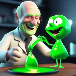 A 3D animated image depicting a sinister professor laughing while pouring a glowing green liquid onto a small chick in a dark laboratory